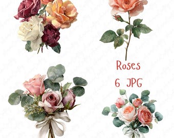 6 Watercolor Rose Flower Clipart JPG, Pink and Red Rose Bouquets, Vintage Floral Clipart for Crafts, Scrapbooking, High-Quality JPG