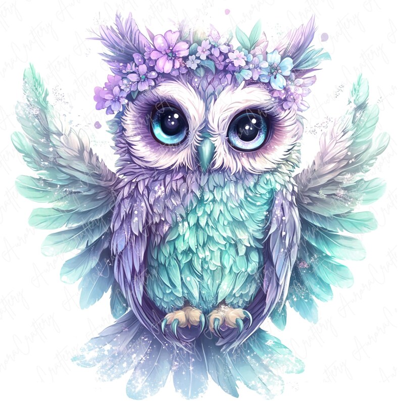 A collection of 16 whimsical watercolor owls adorned with beautiful floral crowns, ideal for use in invitations, nursery decor, and stickers. Each owl is intricately designed with delicate flowers and bright colors.