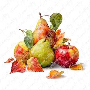 8 Watercolor Pear and Apple Clipart, Autumn Fruit Illustrations with Fall Leaves, Seasonal Food Art for Crafts and Decor, High Quality JPG