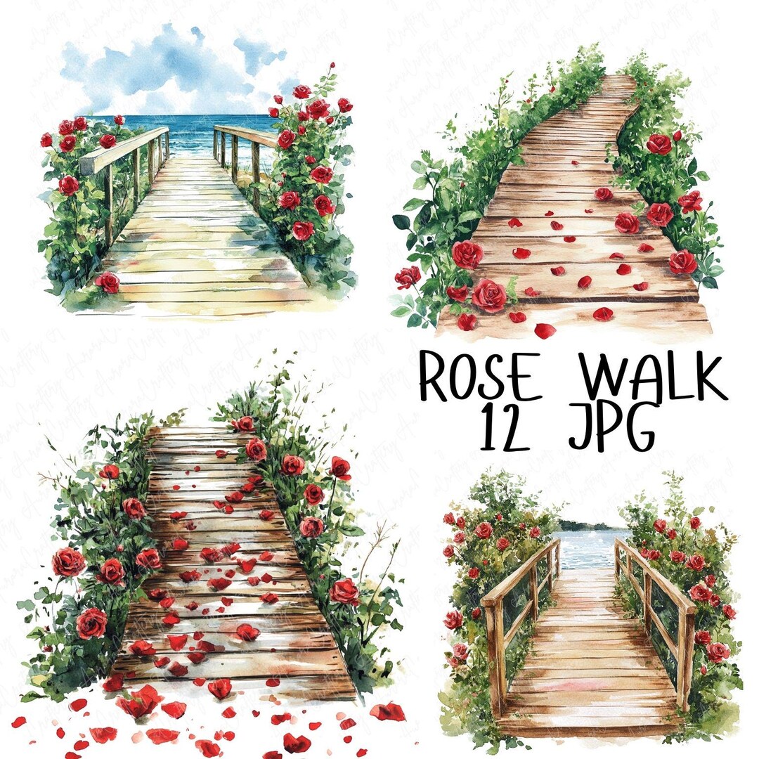 Rose Walk 12 Watercolor Red Rose Walk Clipart, Romantic Pathway Clipart ...