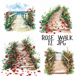 May include: Four watercolor illustrations of wooden walkways lined with red roses and rose petals. The text "ROSE WALK 12 JPG" is at the bottom of the image.