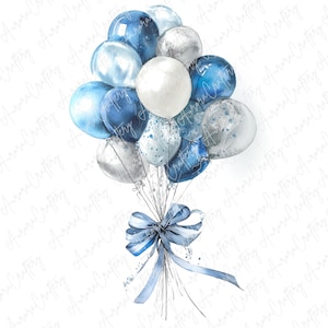 Puede incluir: Ilustración en acuarela de un ramo de globos en tonos azules y plateados, atados con una cinta azul. Los globos varían en color y diseño, algunos con patrones moteados.