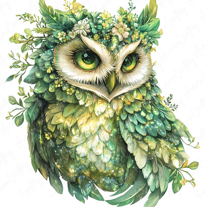 A collection of 16 whimsical watercolor owls adorned with beautiful floral crowns, ideal for use in invitations, nursery decor, and stickers. Each owl is intricately designed with delicate flowers and bright colors.