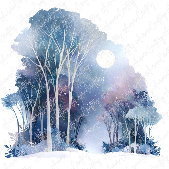 冬の風景 水彩画 水彩画風の月明かりに照らされた森のクリップアート5点、夜空と青と紫