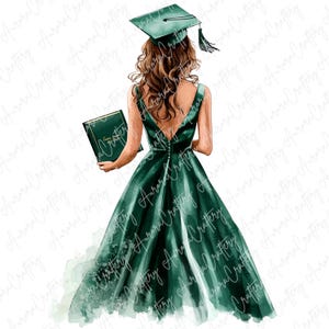 4 imágenes prediseñadas de chica graduada en acuarela verde, ilustración de vestido de graduación fluido con birrete y diploma, graduada elegante, JPG de alta calidad
