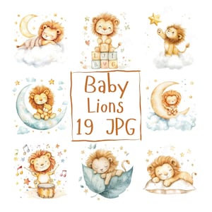 19 aquarel baby leeuw clipart schattige baby leeuw kwekerij clipart baby dier clipart, schattige baby shower clipart hoge kwaliteit JPG download