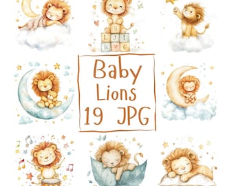 19 Watercolor Baby Lion Clipart Cute Baby Lion Nursery Clipart Baby Animal Clipart, Cute Baby Shower Clipart High Quality JPG Download