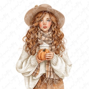 4 Aquarell Herbst Mädchen Clipart mit Kürbis und Kaffee, gemütliche Herbstmode Illustration für Journals, Karten & Kunsthandwerk, hochwertige JPG