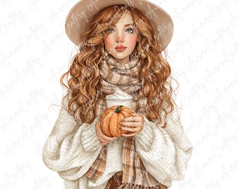 4 Watercolor Autumn Girl Clipart with Pumpkin and Coffee, Cozy Fall Fashion Illustration for Journals, Cards & Crafts, High Quality JPG