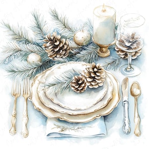 May include: A watercolor painting of a holiday table setting with a white plate, silver cutlery, a lit candle, a glass of water, and pine branches with pine cones.