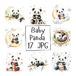 17 baby panda aquarel clipart, schattige panda kwekerij clipart baby shower clipart baby dier clipart, hoge kwaliteit JPG digitale download