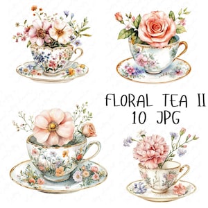 10 aquarel bloemen theekopje clipart, theekopje ontwerpen met bloemen, elegante Tea Party clipart, afdrukbare clipart voor ambachten, hoge kwaliteit JPG