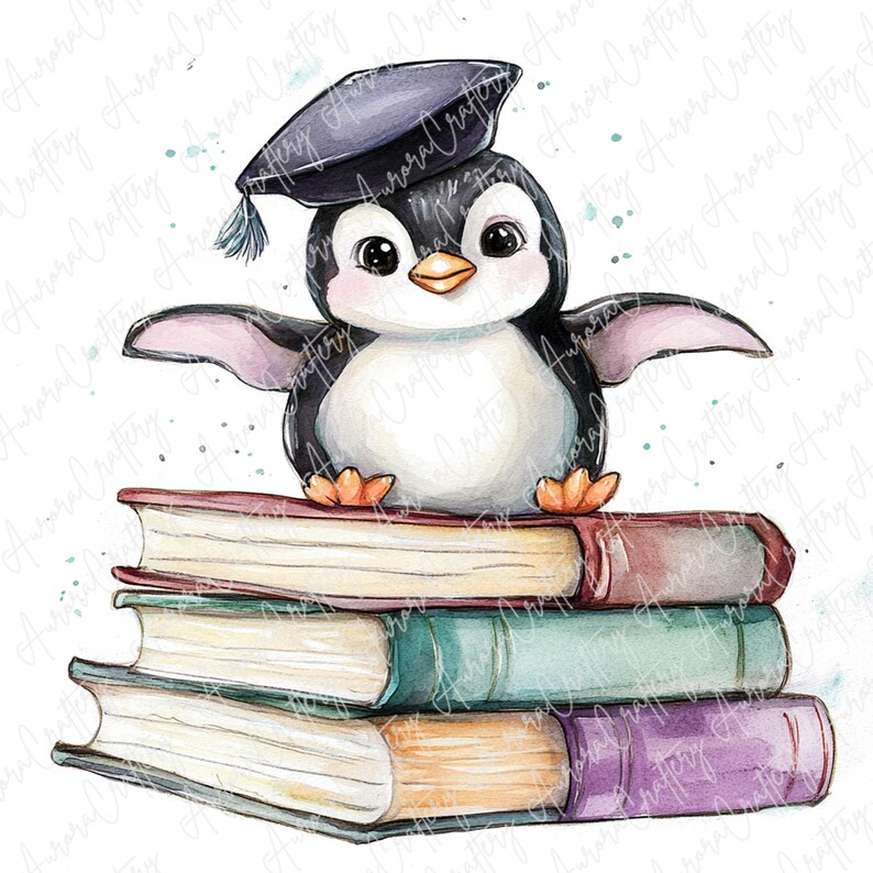 7 Graduation Penguin Clipart, Watercolor Penguins in Caps With Stacked ...