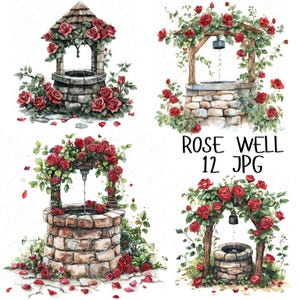 12 Watercolor Red Rose Well Clipart, Romantic Floral Clipart, Valentine&#39;s Day Clipart, Love Clipart for Cardmaking, High-Quality JPG