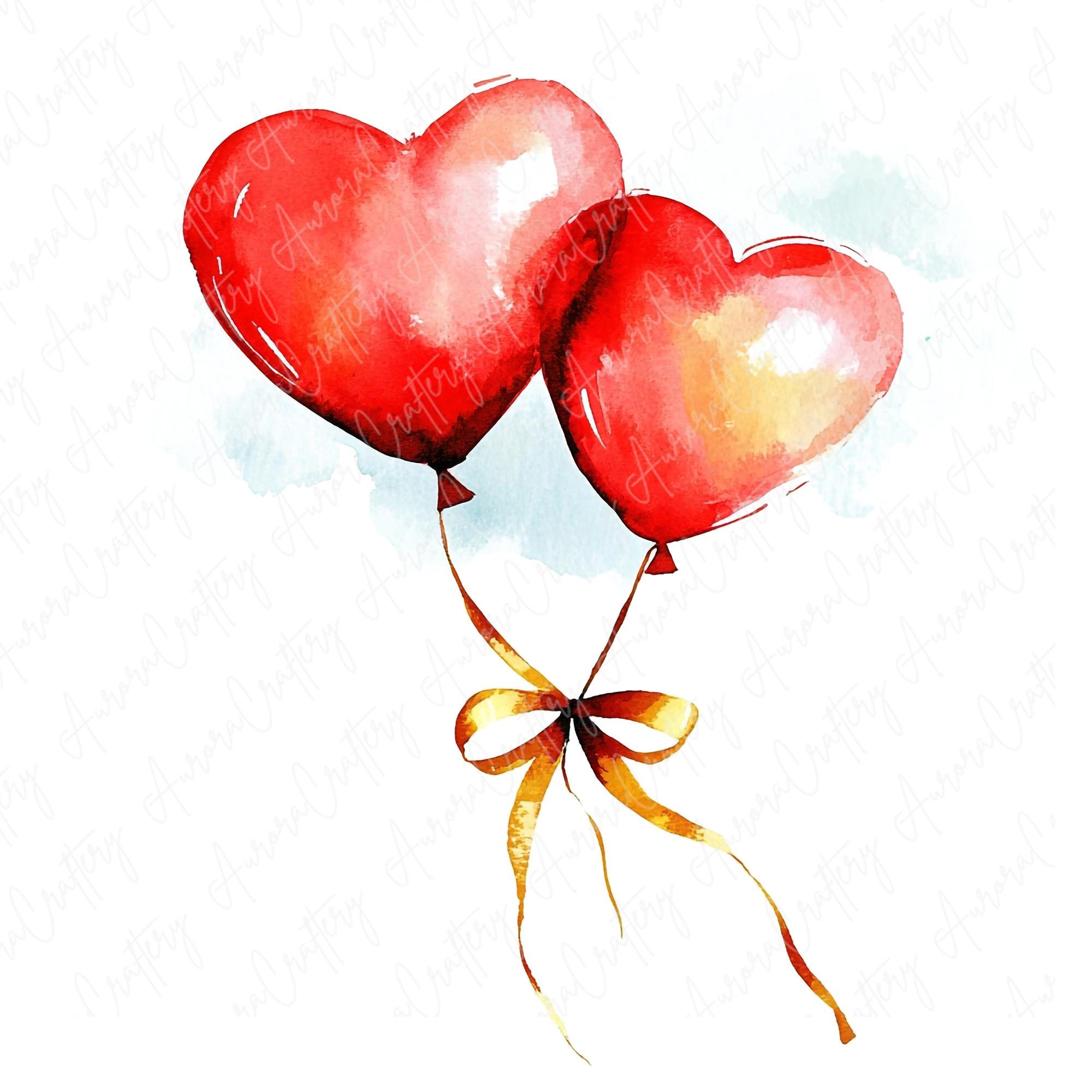 7 Watercolor Valentine Balloon Clipart, Romantic Floating Heart Balloon ...
