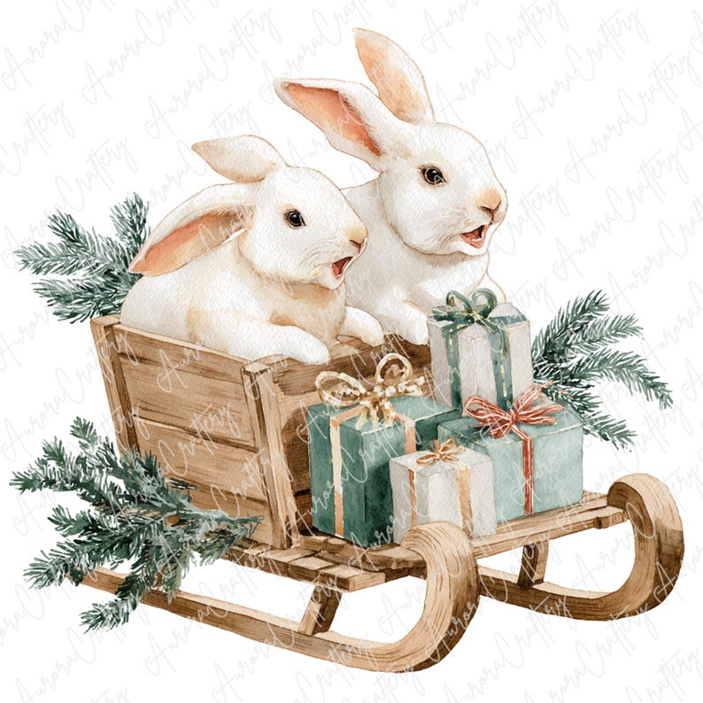 Watercoller Winter Rabbit 7 Watercolor Bunny on Sleigh Clipart, Cute Winter Rabbits With Gifts ...