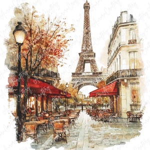6 Clipart Tour Eiffel aquarelle, monument de Paris France, Clipart rue de la ville avec des accents floraux, Clipart voyage romantique, JPG de haute qualité
