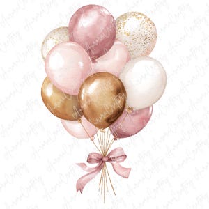 May include: A watercolor illustration of a bouquet of balloons in shades of pink, gold, and white. The balloons are tied together with a pink ribbon and gold string. Some balloons have a glittery effect.