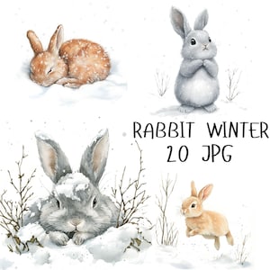 20 Clipart de coelho de inverno em aquarela, Clipart de coelho fofo com neve, Clipart de berçário de coelho de inverno aconchegante para artesanato em papel, Download JPG de alta qualidade