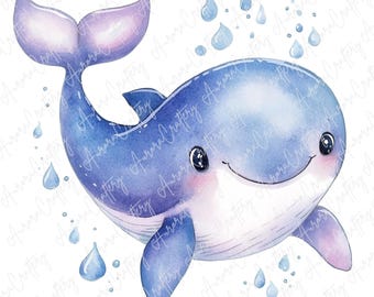 3 種類の水彩画の赤ちゃんクジラのクリップアート、海の動物のイラスト