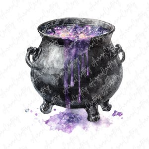 May include: A watercolor illustration of a black cauldron with purple liquid spilling out. The cauldron is filled with bubbles and crystals. The image has a fantasy or Halloween theme.