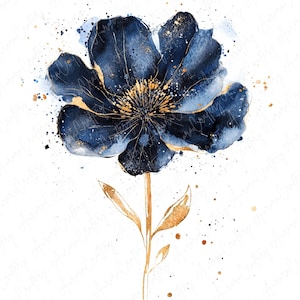 10 Dark Elegance Watercolor Floral Clipart Bundle, Midnight Blue and Gold Flowers, Wysoka jakość JPG, Natychmiastowe pobieranie, Clipart do rękodzieła