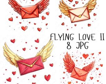 May include: Eight digital illustrations of red and yellow envelopes with wings flying through the air.  The envelopes are surrounded by red hearts.  The text "FLYING LOVE II 8 JPG" is at the bottom of the image.