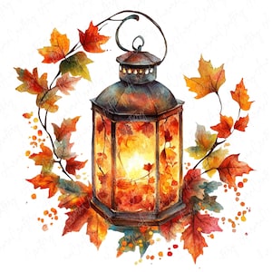 May include: A vintage lantern with a warm glow inside, surrounded by a wreath of autumn leaves in shades of orange, red, and yellow. The leaves are painted in a watercolor style, creating a soft and romantic feel.