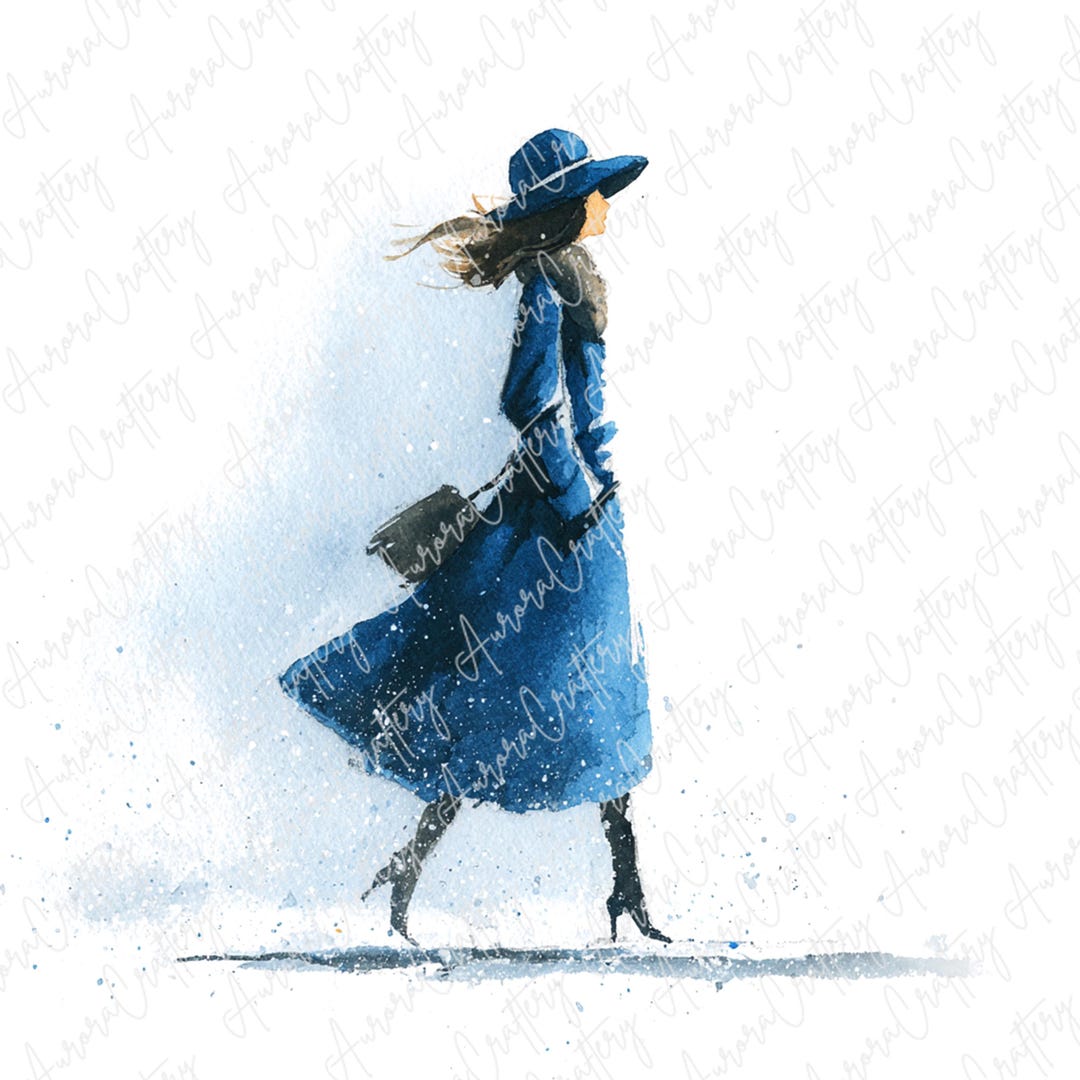 8 Watercolor Winter Woman Clipart, Elegant Lady in Blue Coat and Hat ...