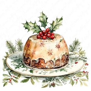 Puede incluir: Un pudín navideño decorado con glaseado blanco y chispas rojas, coronado con acebo y bayas rojas, en un plato blanco con un borde de acebo verde.