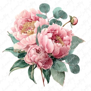 12 Watercolor Peony Flower Clipart, Elegant Pink Floral Bouquets for Invitations, Crafts, and Scrapbooking, High Quality JPG Download