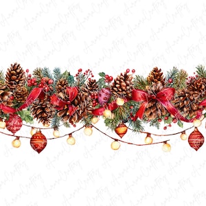 May include: A Christmas garland design with pine cones, red bows, berries, and baubles. The garland is decorated with evergreen branches and a string of warm, glowing lights, creating a festive border.