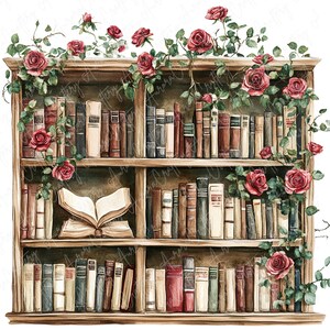 9 Floral Bookshelf Clipart, Romantic Roses and Vintage Bookshelves With ...