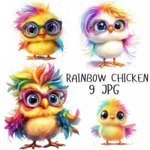 9 Clipart poulet arc-en-ciel, poulet lunatique, clipart animaux drôles, clipart chambre d'enfant, poulet mignon JPG, téléchargement numérique JPG de haute qualité