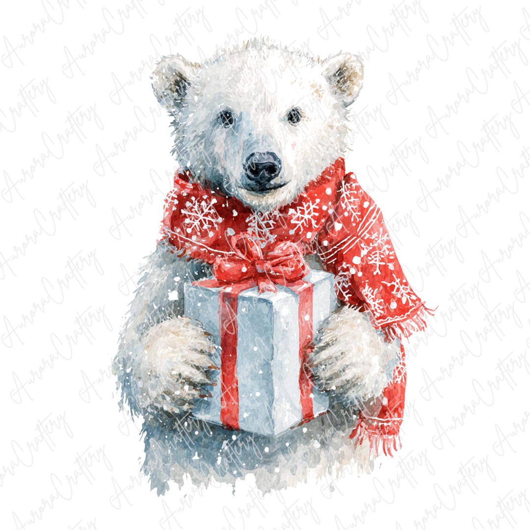 4 Watercolor Polar Bear Clipart JPG, Cute Winter Bears With Gifts and ...