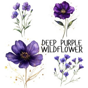 8 Lila Blumenstrauß Clipart, dunkelviolette und grüne Blumen, Aquarell Blumen Clipart für DIY Handwerk, hochwertiger JPG Download