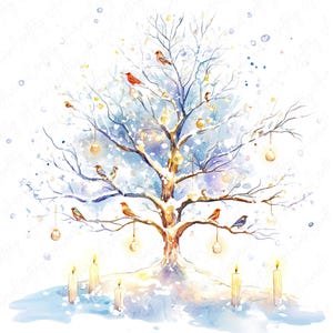 7 cliparts d'arbre aux chandelles d'hiver aquarelle, arbre d'hiver enneigé avec des oiseaux, clipart d'arbre festif pour travaux manuels d'hiver, téléchargement JPG de haute qualité