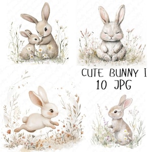 10 aquarel konijntje clipart, bos konijntje clipart, schattig konijntje met wilde bloemen, kinderkamer dieren clipart, hoge kwaliteit JPG digitale download