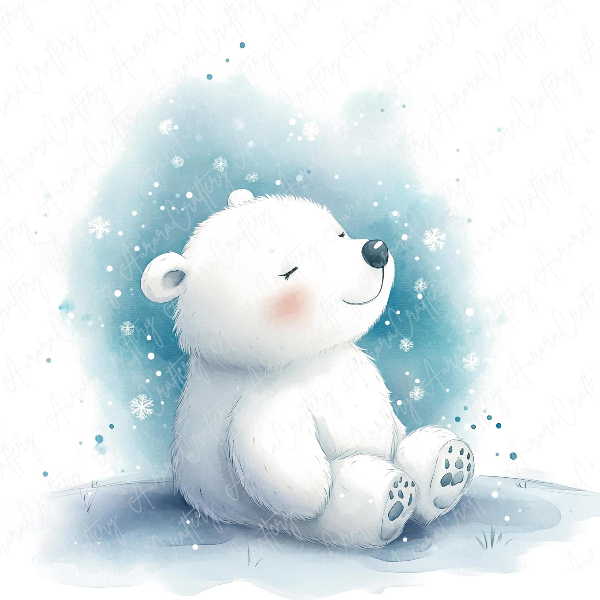 6 Watercolor Polar Bear Clipart, Cute Baby Polar Bear, Winter Animal Clipart, Cute Nursery Animal Paper Crafts, High-Quality JPG Download