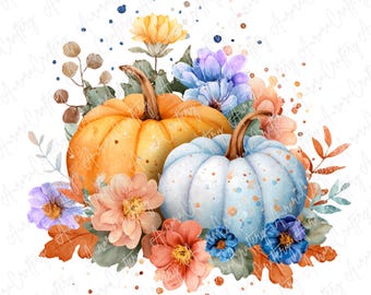 9 imágenes prediseñadas de calabazas en acuarela: calabazas con flores de colores, ilustraciones de la cosecha de otoño para manualidades y diarios, JPG de alta calidad.