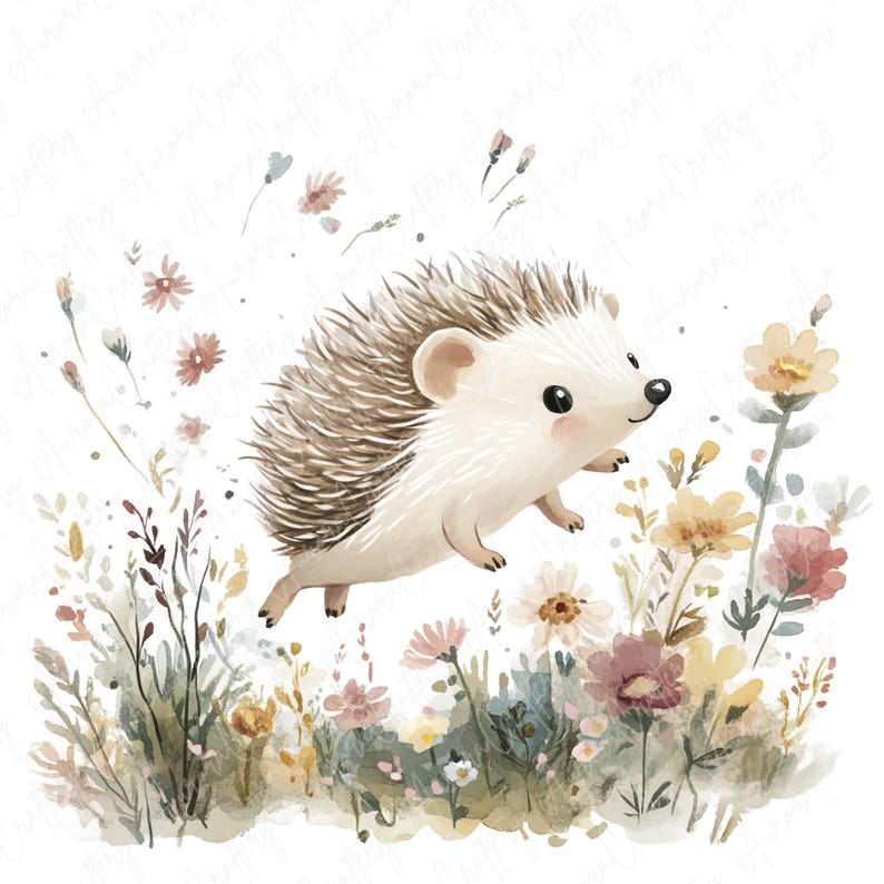 A collection of 9 watercolor hedgehog clipart images, featuring hedgehogs in floral woodland settings, perfect for nursery decor and woodland-themed projects.