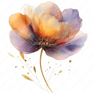 May include: A watercolor painting of a single flower with purple, orange, and gold accents. The flower has a delicate, ethereal quality.