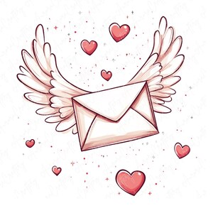 7 cartas de amor con alas en acuarela, imágenes prediseñadas de sobres románticos de San Valentín, imágenes prediseñadas de San Valentín para manualidades románticas, JPG de alta calidad