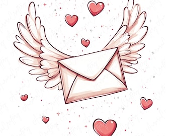 May include: A white envelope with a red heart design is flying with white wings and surrounded by red hearts on a white background.