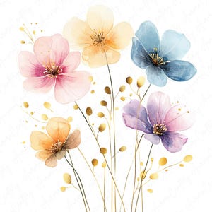 Paquete de 14 imágenes prediseñadas de flores de acuarela de primavera en rosa pastel, azul y amarillo. JPG de alta calidad, descarga instantánea. Imágenes prediseñadas imprimibles.