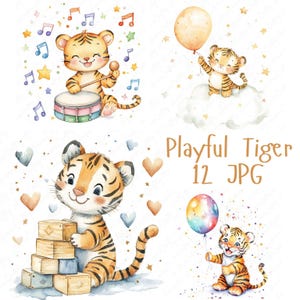 12 Clipart bébé tigre ludique, Adorable clipart tigre, bébé mignon Clipart animal, clipart chambre d'enfant tigre, téléchargement JPG haute qualité