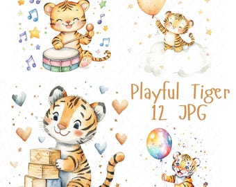 12 Playful Baby Tiger Clipart, Adorable Tiger Clipart Cute Baby Animal Clipart, Baby Tiger Nursery Clipart, High Quality JPG Download