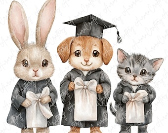 6 Graduation Animal Friends Clipart, Watercolor Rabbits, Cats & Dogs in Graduation Gowns, Class of 2025 Graduation Clipart, High Quality JPG