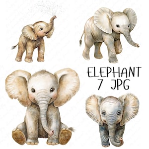 7 cliparts aquarelle bébé éléphant, mignon bébé éléphant Clipart, clipart chambre d'enfant, clipart imprimable pour travaux manuels pour enfants, téléchargement JPG de haute qualité