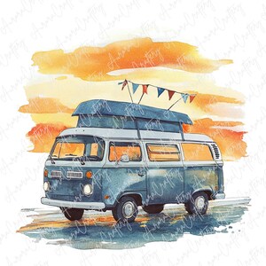 9 Aquarell Retro Van Clipart, Vintage Camper Vans in Sommerfarben, Reise Clipart für Adventure Planer & Karten, hochwertige JPG